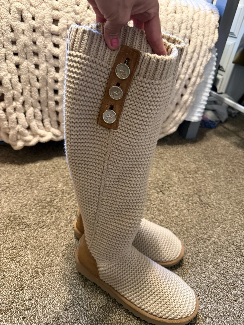 UGG Women's Over-the-Knee Knit Boots in Cream with Button Detail 8